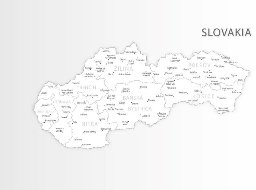 Samolepiaca tapeta podrobná mapa Slovenskej republiky v čiernobielom prevdení