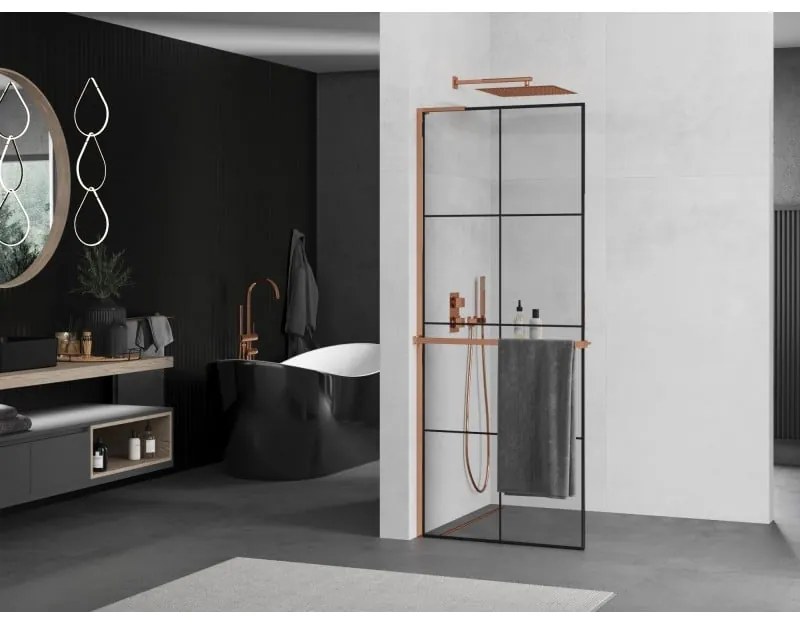 Mexen Kioto+ L, sprchová zástena Walk-In s poličkou a vešiakom 70 x 200 cm, 8mm číre sklo čierny vzor, ružové zlato profil, 800-070-123-60-77