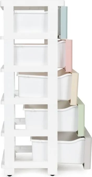 Polica s 5 výsuvnými zásuvkami, nohy s kolieskami, farebné zásuvky