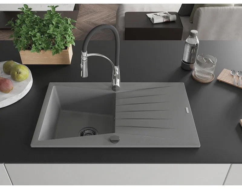 Mexen Cesar, 1-komorový granitový drez 775x470x190 mm a drezová batéria Aster, šedá, 6514-71-73450-07-B