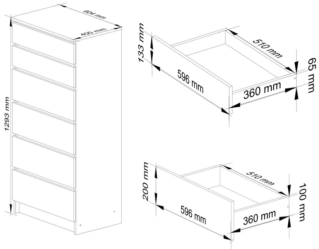 Komoda Kuba 60 cm - 6 zásuviek biela/čierna