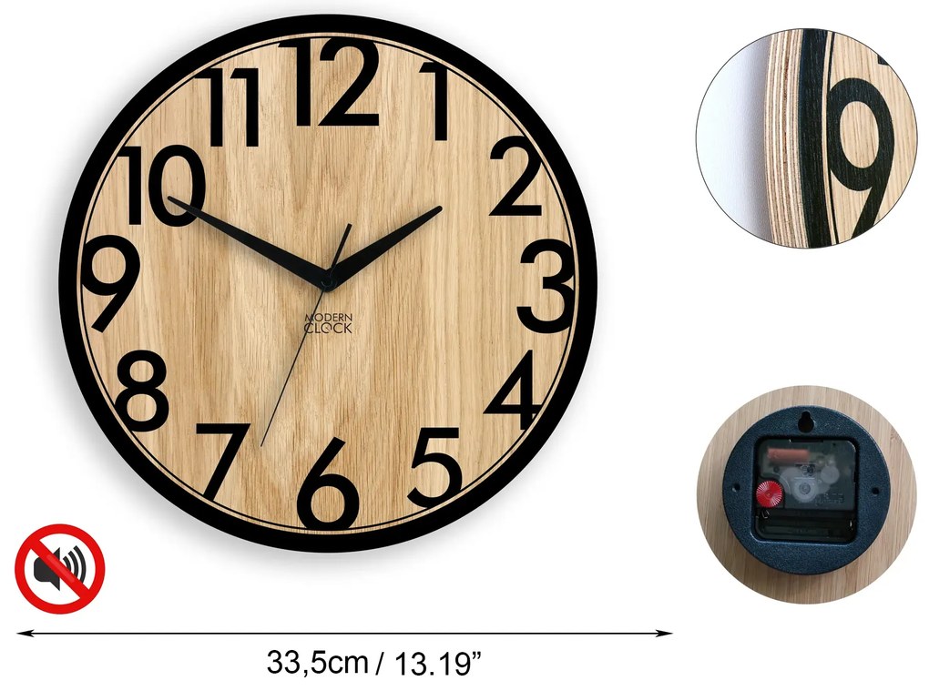 Drevené nástenné hodiny Focus 33 cm dub prírodný/čierny