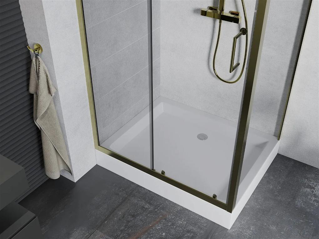 Mexen Apia sprchovací kút s posuvnými dverami 120 (dvere) x 90 (stena) cm, 5mm číre sklo, zlatý profil + biela sprchová vanička RIO, 840-120-090-50-00-4510