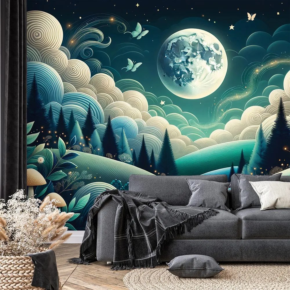 Tapeta nočná rozprávková krajina a lietajúce motýle