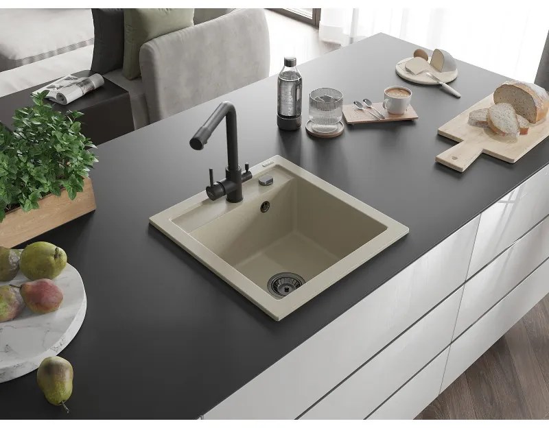 Mexen Vito, 1-komorový granitový drez 520x490x210 mm, čierna matná batéria Duero, béžová, 6503-69-671600-70