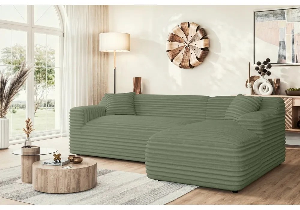 Zelená menčestrová rohová pohovka (pravý roh/s leňoškou) Martin – Ropez