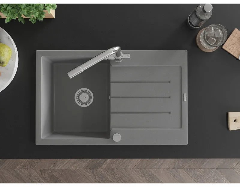 Mexen Bruno, 1-komorový granitový drez s odkvapkávačom 795x495x200 mm a chrómová batéria Duero, šedá, 6513-71-671600-00