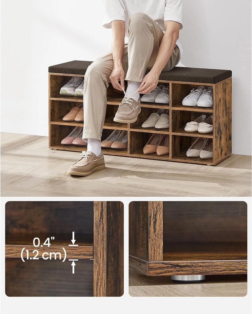 Lavička na topánky, botník s čalúneným sedadlom, 12 priehradiek, rustikálna hnedá farba