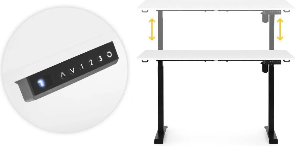Elektrický nastaviteľný stôl 140 x 70 cm, nastaviteľná výška 76-121cm, biely s čiernymi nohami