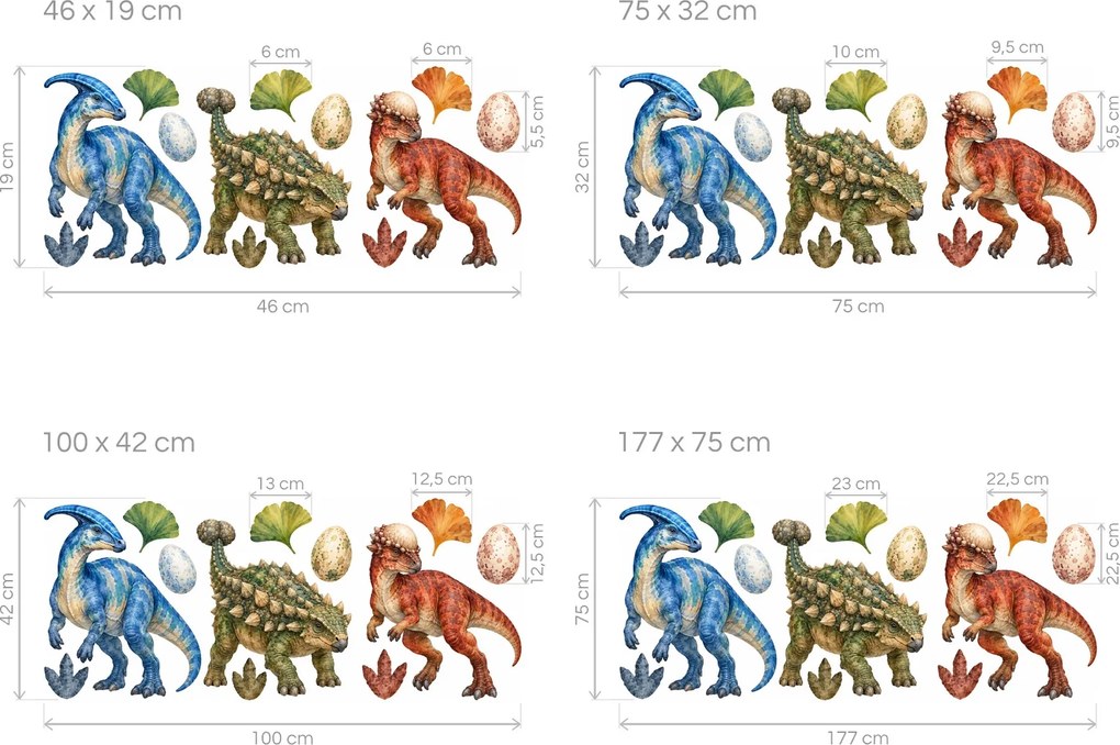 Tri dinosaury s vajíčkami maľované dinosaurie nálepky do izby chlapcov na stenu arch 46 x 19 cm