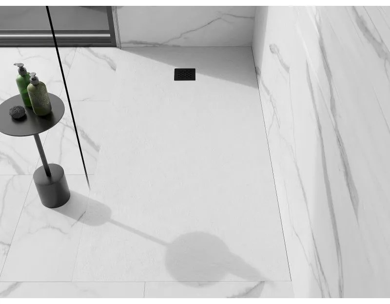 Mexen Stone+, obdĺžniková vanička z minerálneho kompozitu 180 x 90 cm, biela, čierna krytka, 44109018-B