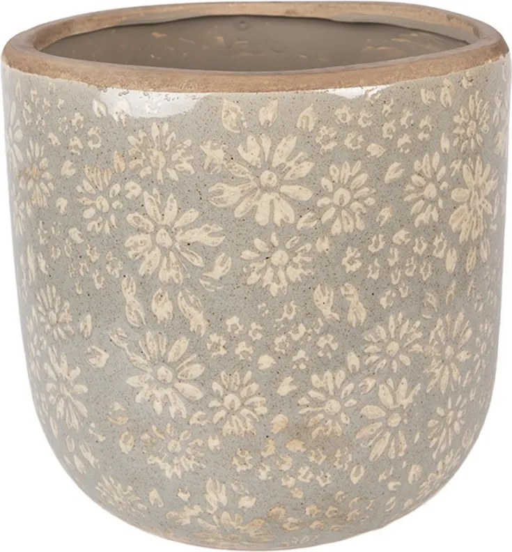 Šedý antik keramický obal na kvetináč s kvetmi XL - Ø 20*19 cm