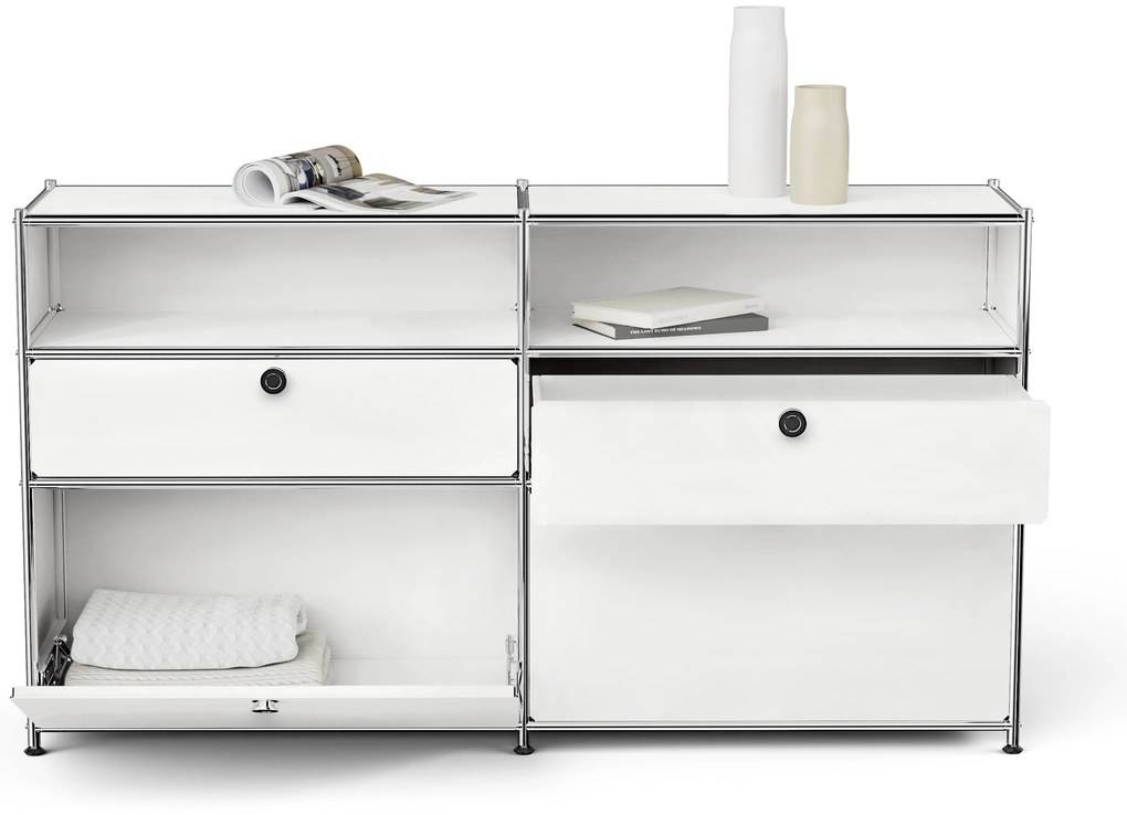 Kovová odkladacia skrinka "CN3" s výklopnými priečinkami, zásuvkami a otvorenými priehradkami, biela