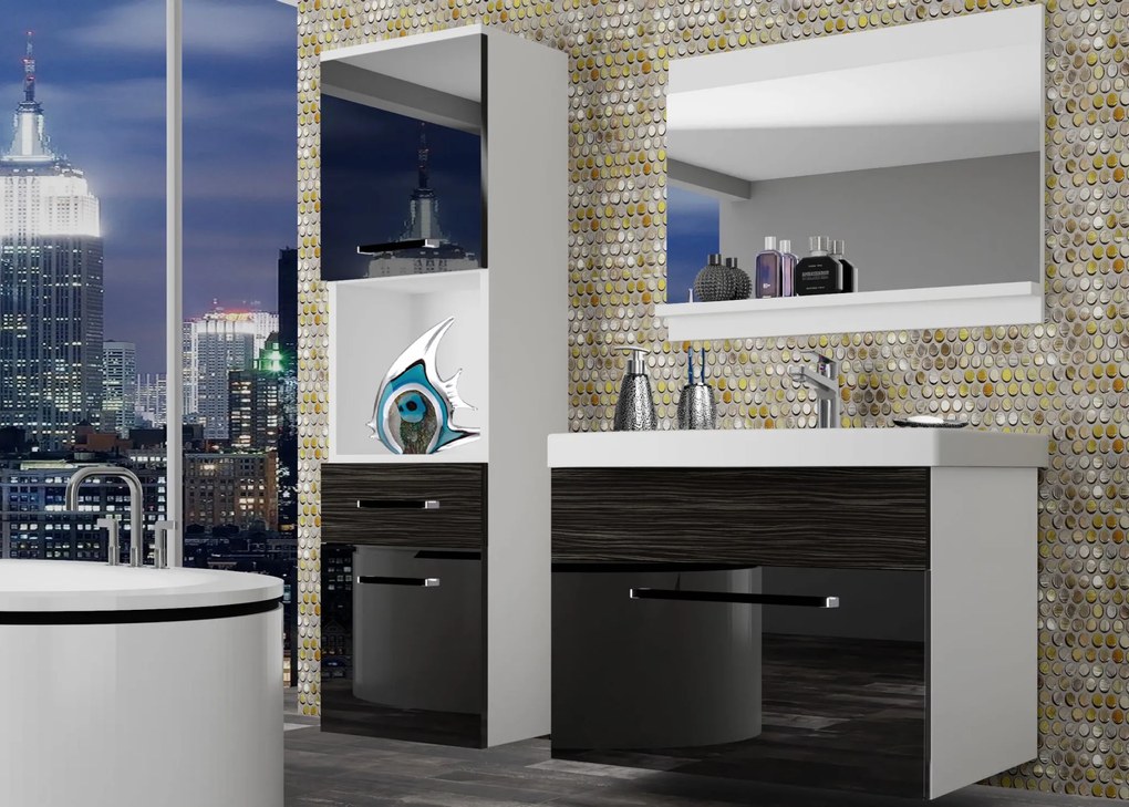 Kúpeľňový nábytok Belini čierny lesk / eben kráľovský + umývadlo + zrkadlo  ROD PM 3/0/W/BHK/0/ZW
