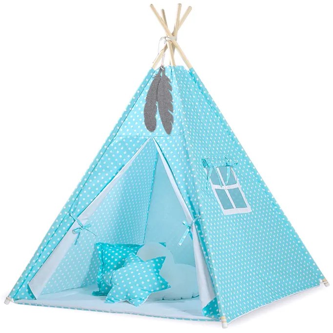 Bobono Stan Teepee pre deti + podložka na hranie + ozdobné pierka - Biele bodky na tyrkysovej