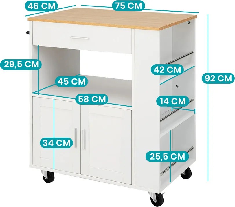 Kolesový servírovací vozík s 3 držiakmi na korenie na boku