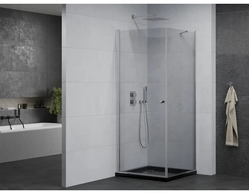 Mexen Pretoria, sprchovací kút 90 (dvere) x 90 (stena) cm, 6mm číre sklo, chrómový profil + čierna sprchová vanička, 852-090-090-01-00-4070