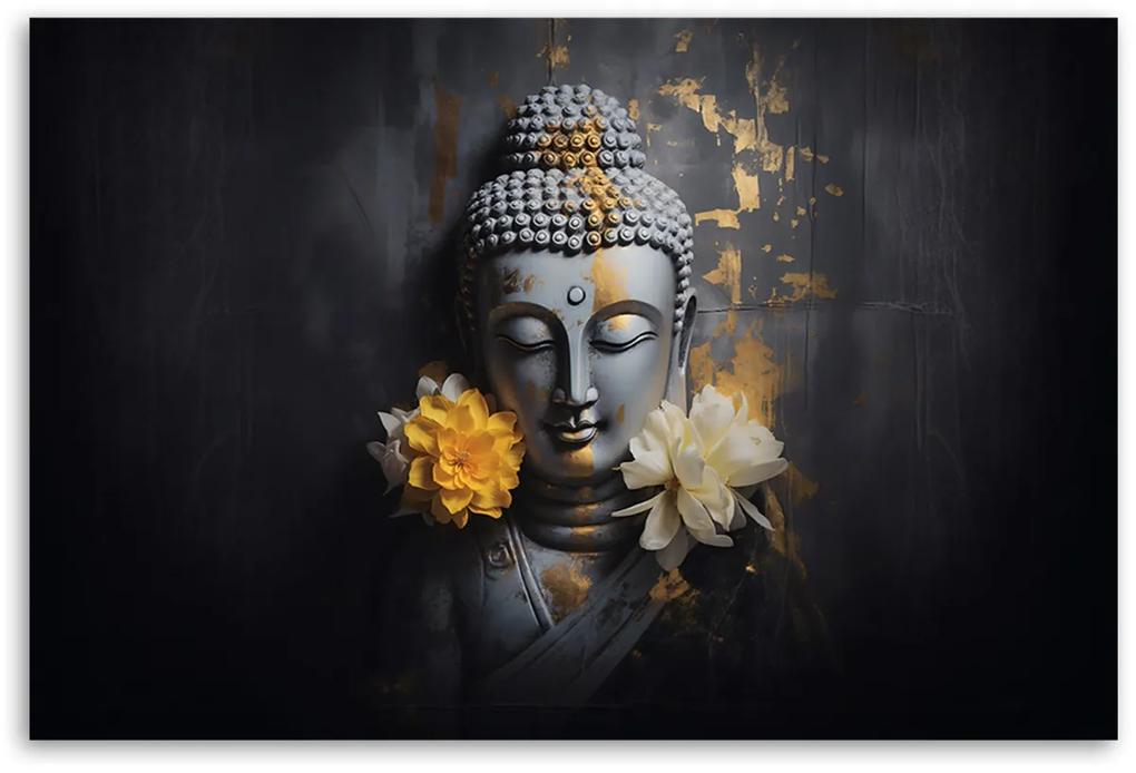 Obraz na plátně, Buddha socha květiny - 90x60 cm