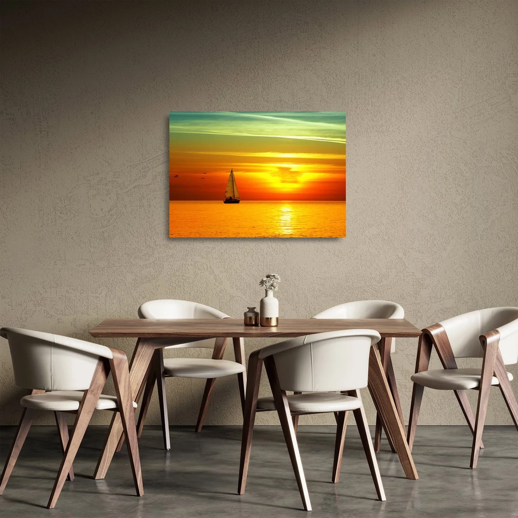 Sklenený obraz západu slnka s jachtou (70x50 cm)