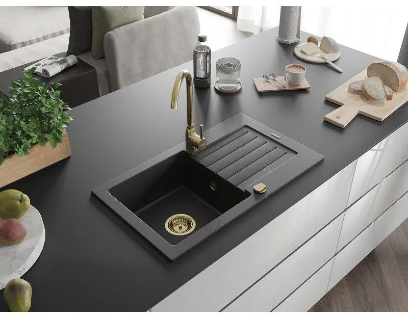 Mexen Pablo, granitový drez 752x436x161 mm, 1-komorový, čierna so zlatým sifónom, 6510751010-77-G