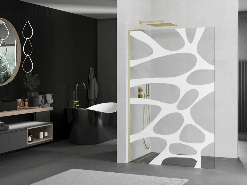 Mexen Kioto L, sprchová zástena Walk-In 70 x 200 cm, 8mm číre sklo biely vzor, zlatý matný profil, 800-070-103-55-97