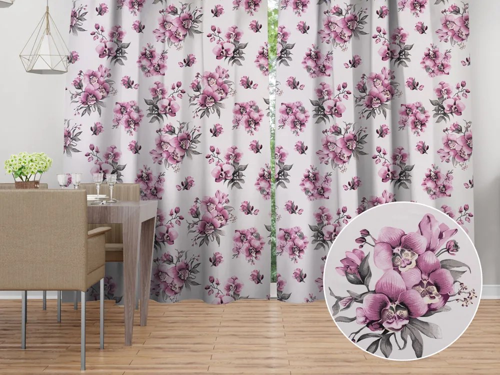 Biante Bavlnený záves Sandra SA-623 Lila orchidey na bielom 150x210 cm