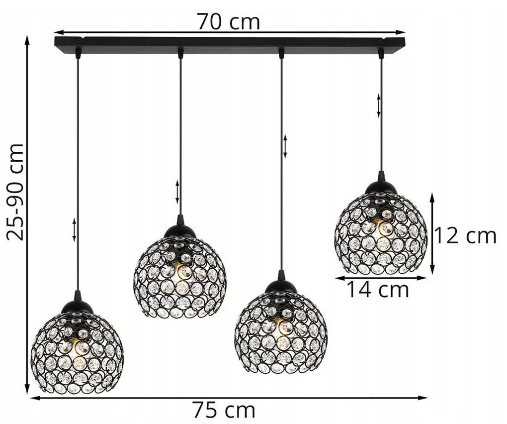 Závesné svietidlo CRYSTAL, 4x čierne krištáľové tienidlo