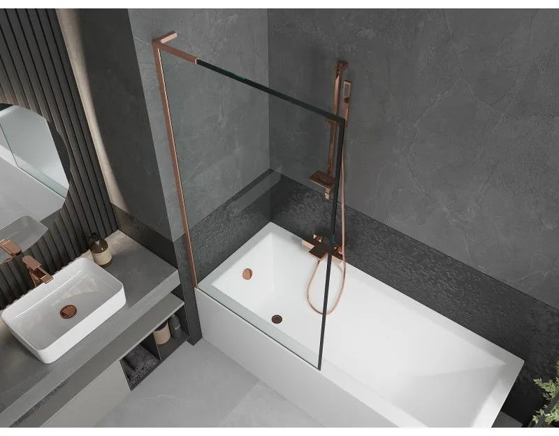 Mexen Next L, 1-krídlová vaňová zástena 90 x 150 cm, 6mm číre sklo-čierny vzor, medený profil, 895-090-000-03-70-65