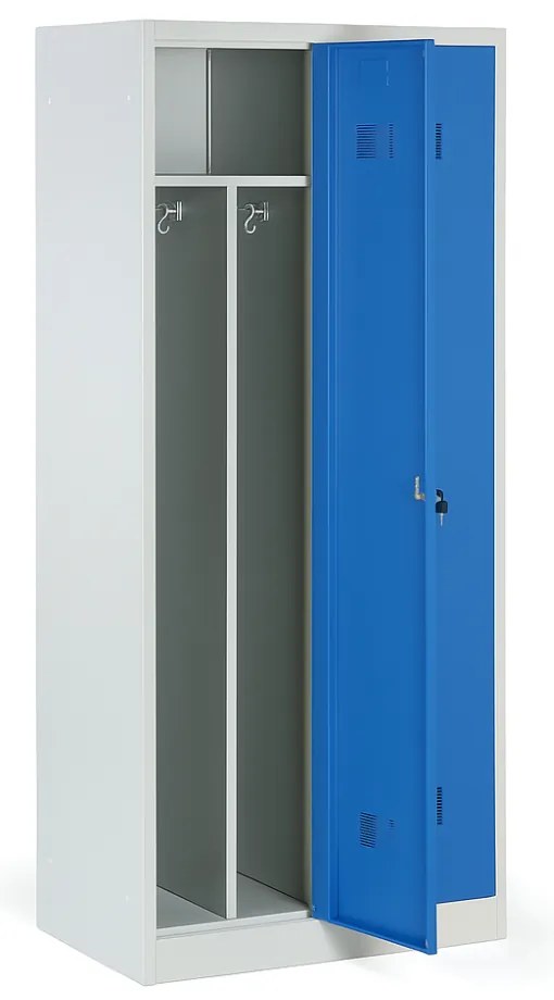 Kovová šatníková skrinka S1 s medzistenou, 2 oddiely, 1850 x 800 x 500 mm, cylindrický zámok, zelené dvere