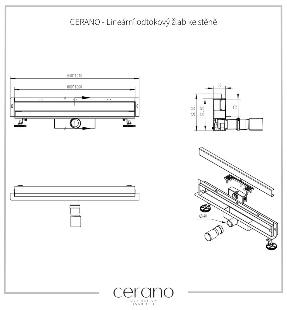 CERANO - Lineárny odtokový žľab k stene, so sifónom - chróm - 90 cm, CER-CER-476657