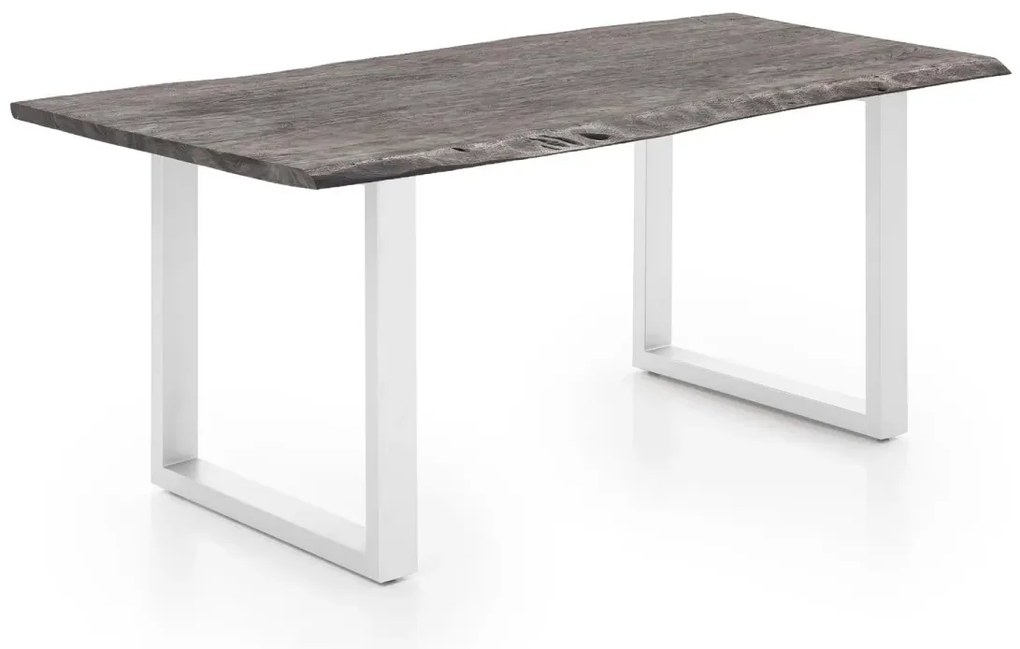 furniture-nabytek.cz - Masivní jídelní sestava Bullwer s 4 židlemi Picton, šedá/bílá, lakovaná akácie/kov/umělá kůže