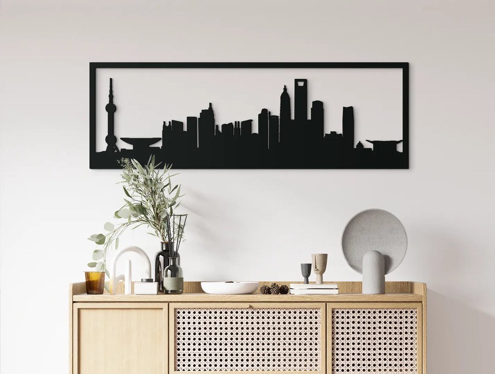 drevko Obraz Šanghaj panoráma Rozmer obrazu: 29,5 x 89 cm, Farba dekorácie: Čierna