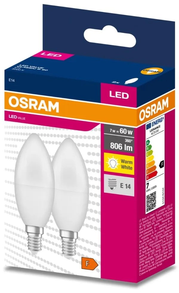 2PAK LED žiarovka E14 B35 7W = 60W 806lm 3000K Warm 220° OSRAM VALUE