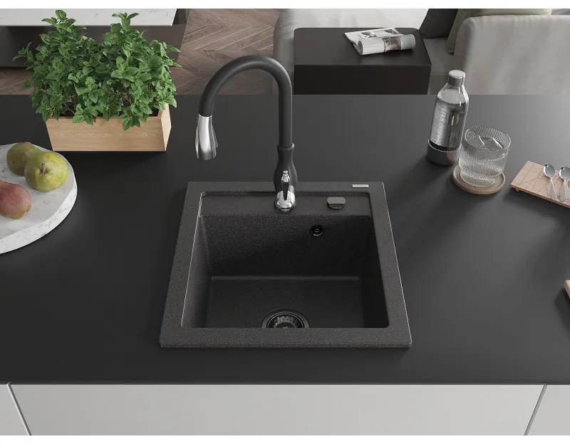 Mexen Vito, 1-komorový granitový drez 520x490x210 mm a drezová batéria Savita, čierna škvrtnitá, 6503-76-672601-70-B