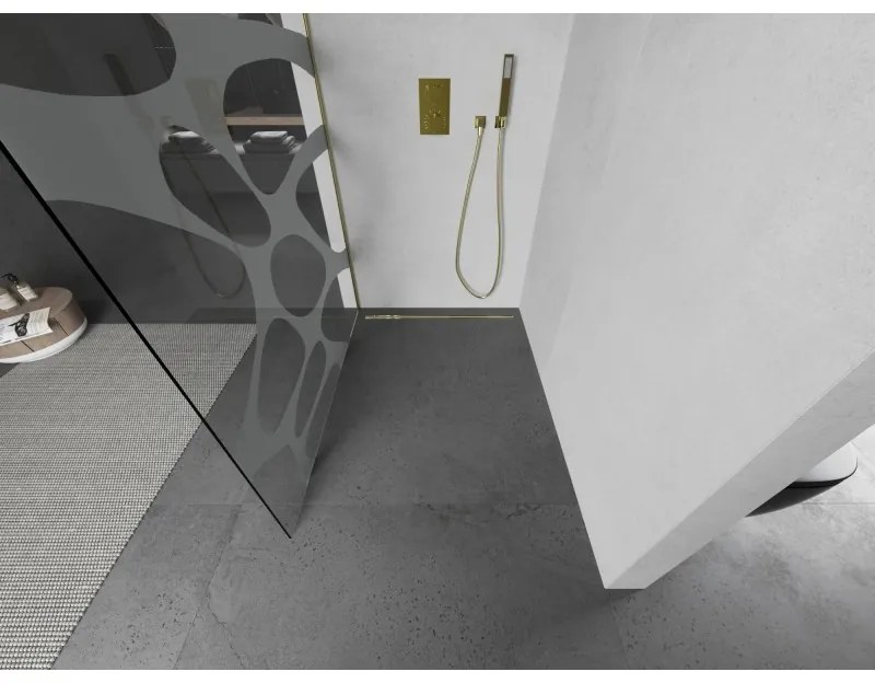 Mexen Kioto L, sprchová zástena Walk-In 70 x 200 cm, 8mm číre sklo biely vzor, zlatý matný profil, 800-070-103-55-97