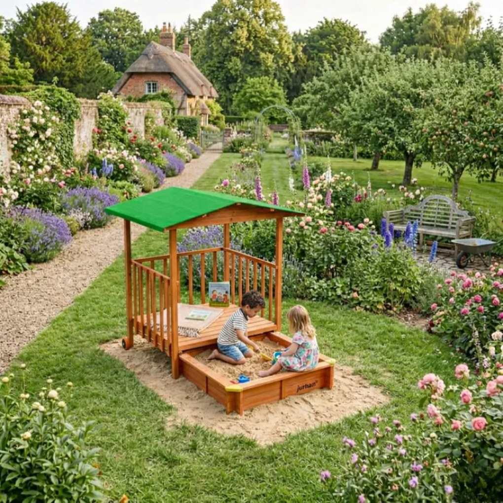 Pieskovisko s verandou SUNNY, 130x130x143cm, hnedá/zelená Jurhan