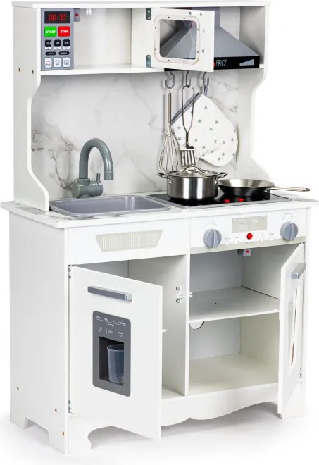 Drevená detská kuchynka ECOTOYS s LED svetlami, zvukmi a kovovými doplnkami pre 3+