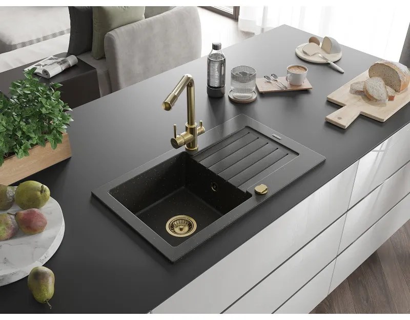 Mexen Pablo, granitový drez 752x436x161 mm, 1-komorový a zlatá batéria Duero, čierna - zlatá metalíza, 6510-75-671600-50