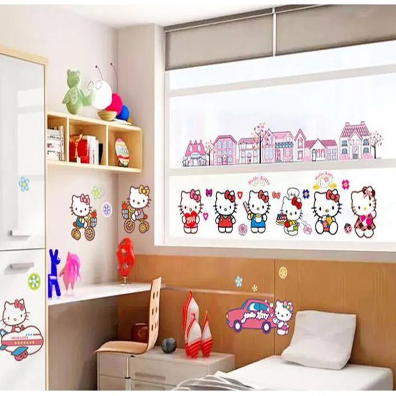 Veselá Stena Samolepka na stenu na stenu Hello Kitty s domčekmi