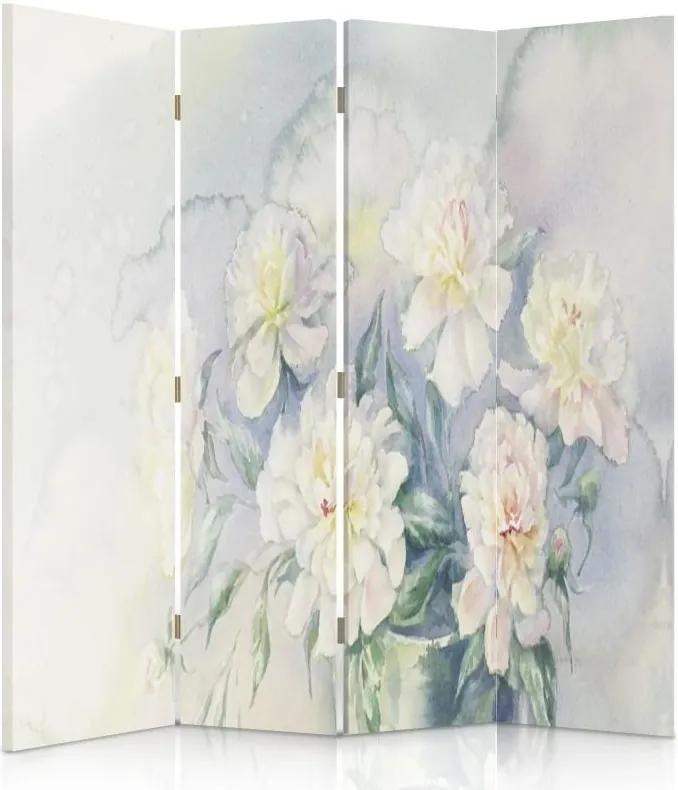 CARO Paraván - White Flowers 3 | štvordielny | obojstranný 145x150 cm