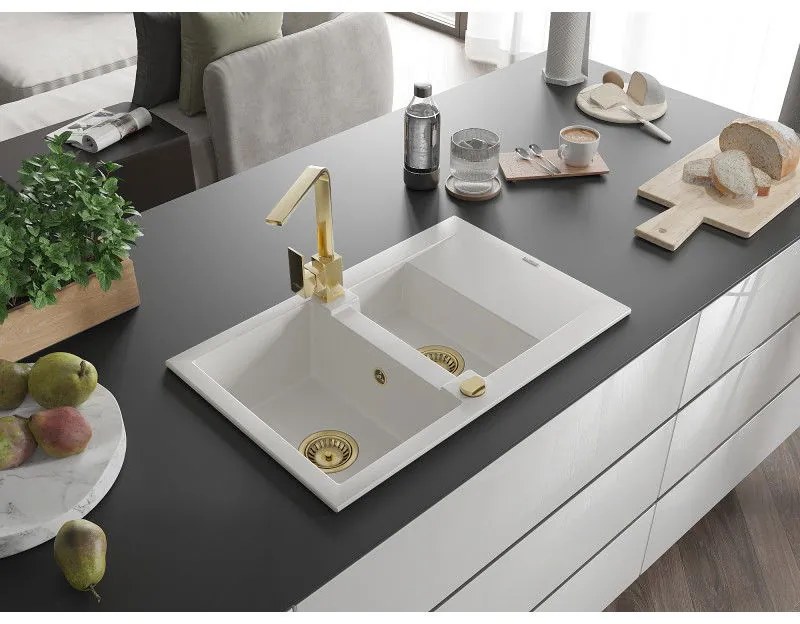Mexen Gaspar, granitový drez 737x475x177 mm, 1,5-komorový a zlatá batéria Rita, biela, 6507-20-670300-50