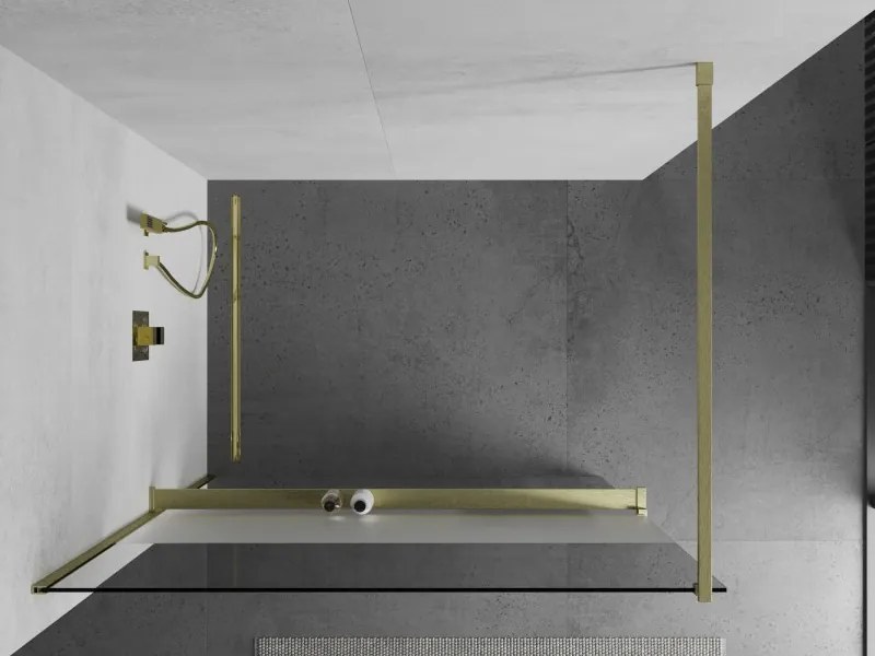 Mexen Kioto+, sprchová zástena Walk-In s poličkou a vešiakom 70 x 200 cm, 8mm číre sklo-námraza, zlatý matný profil, 800-070-121-55-35