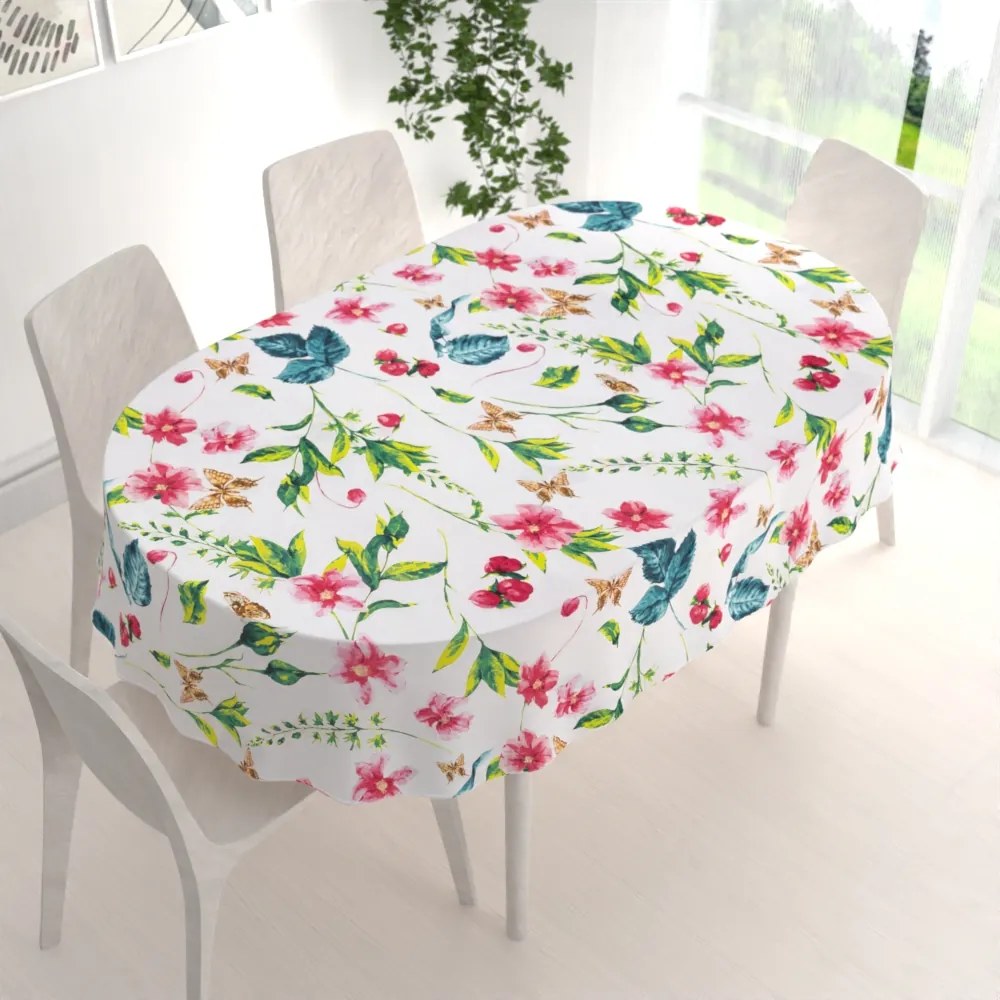 Biante Veľký bavlněný oválny obrus Sandra SA-383 Ružovočervené kvety s motýlikmi 180x260 cm