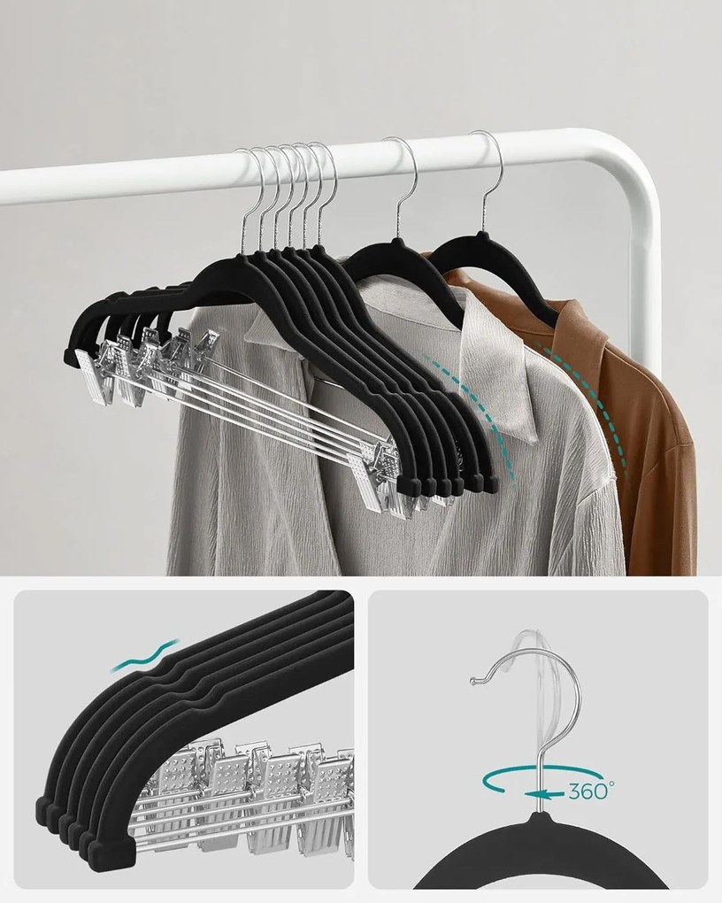 Vešiaky na nohavice, sada 12 zamatových vešiakov, čierne