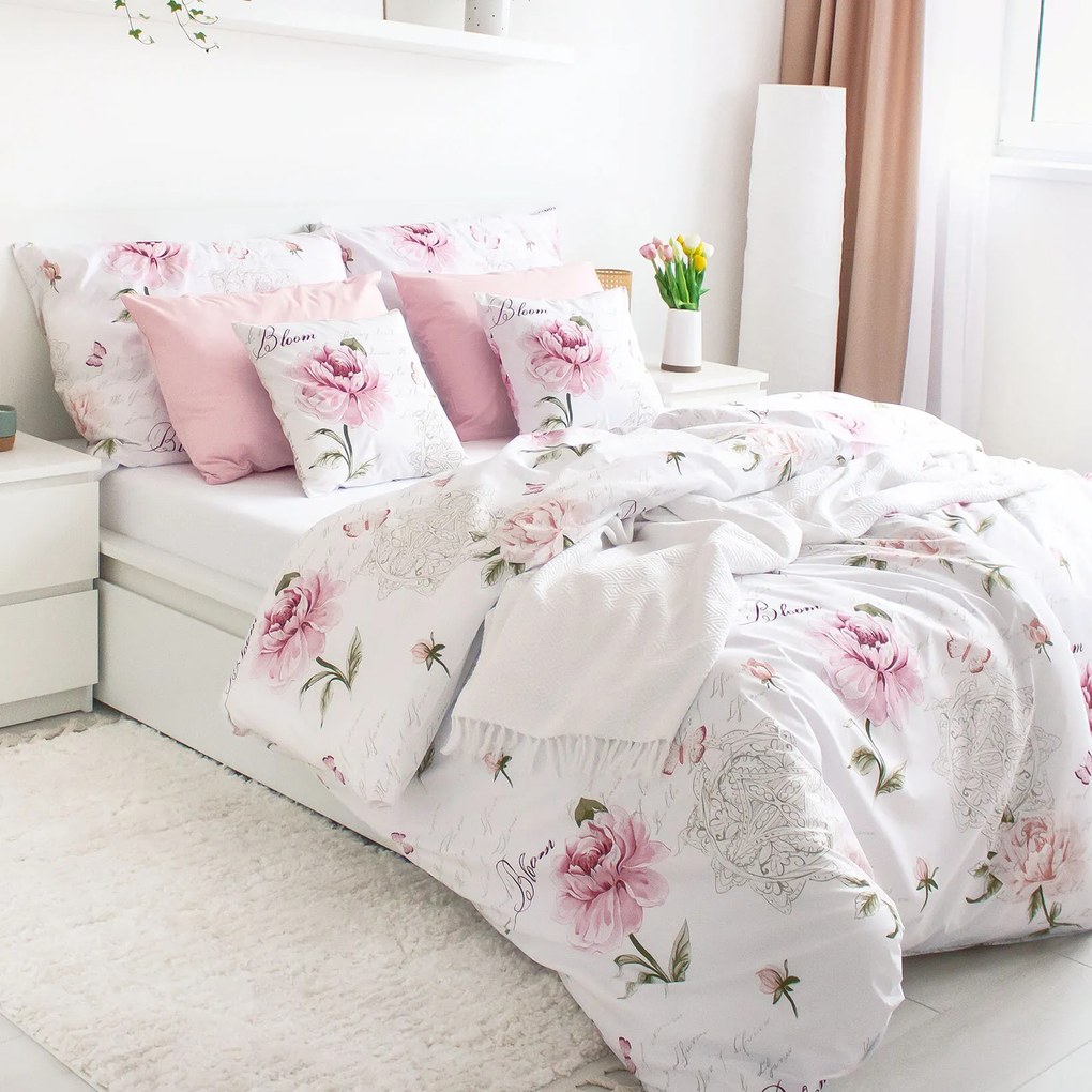 Goldea bavlnené posteľné obliečky - pivonky s textami 150 x 200 a 50 x 60 cm