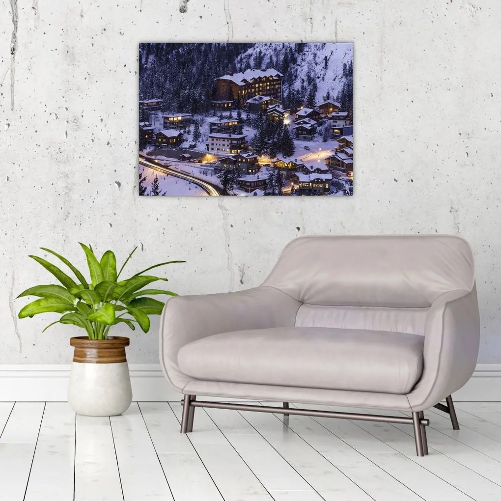 Sklenený obraz - horské zimné mestečko (70x50 cm)