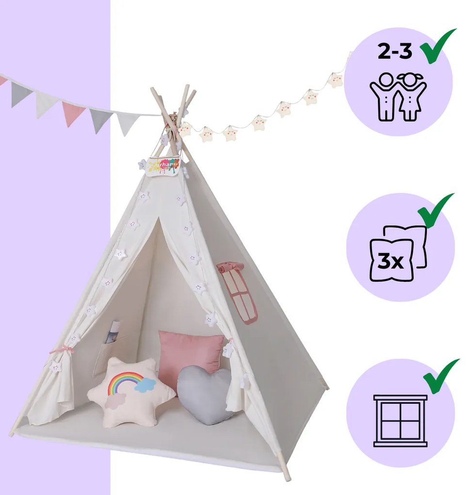 Detský stan teepee JULIA, 120x120x160cm, béžová/ružová Jurhan