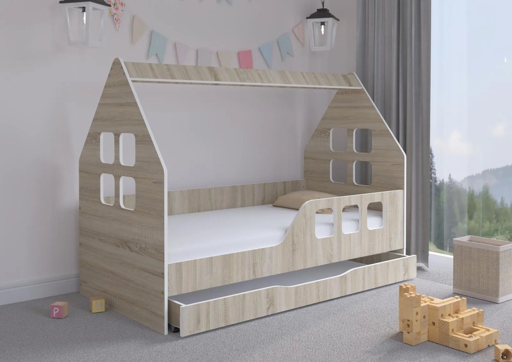 Detská domčeková posteľ KIDHOUSE so šuplíkom - sonoma - pravá - 160x80 cm