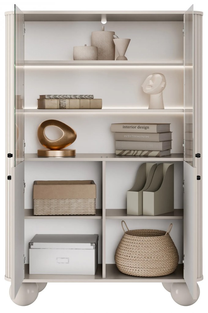 Vitrína Vesper 103 cm štvordverová - kašmír / čierne úchytky / guľaté nohy