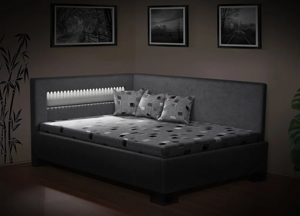 Nabytekmorava Čalúnená posteľ s úložným priestorom Mia Robin 160 cm s LED osvetlením matrac: matrace Orthopedy Maxi 19 cm, farebné čalúnenie: šedá, úložný priestor: bez úložného priestoru